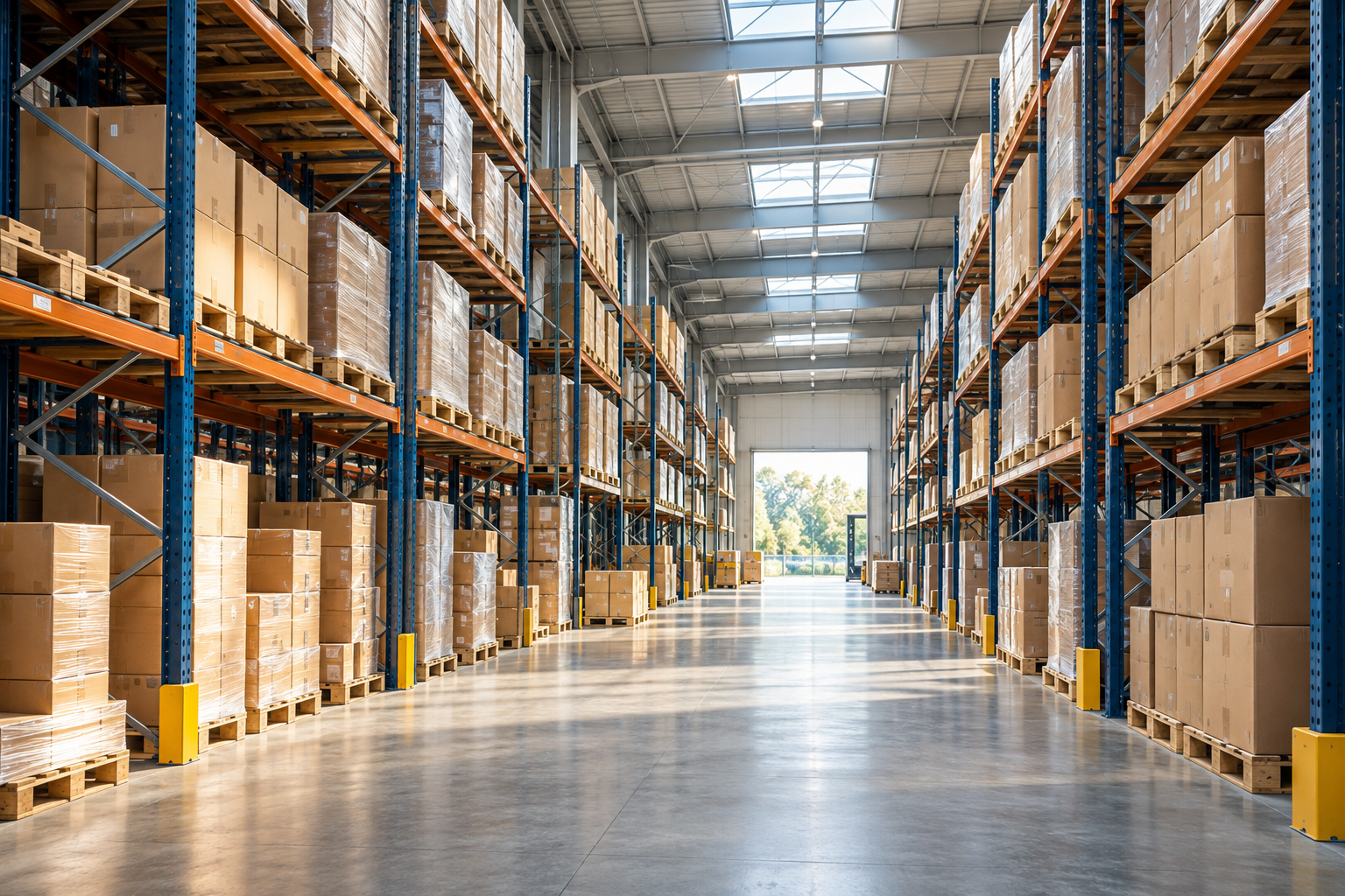 Photorealistic wholesale warehouse with organized cartons and pallet shelving, without people or computer devices